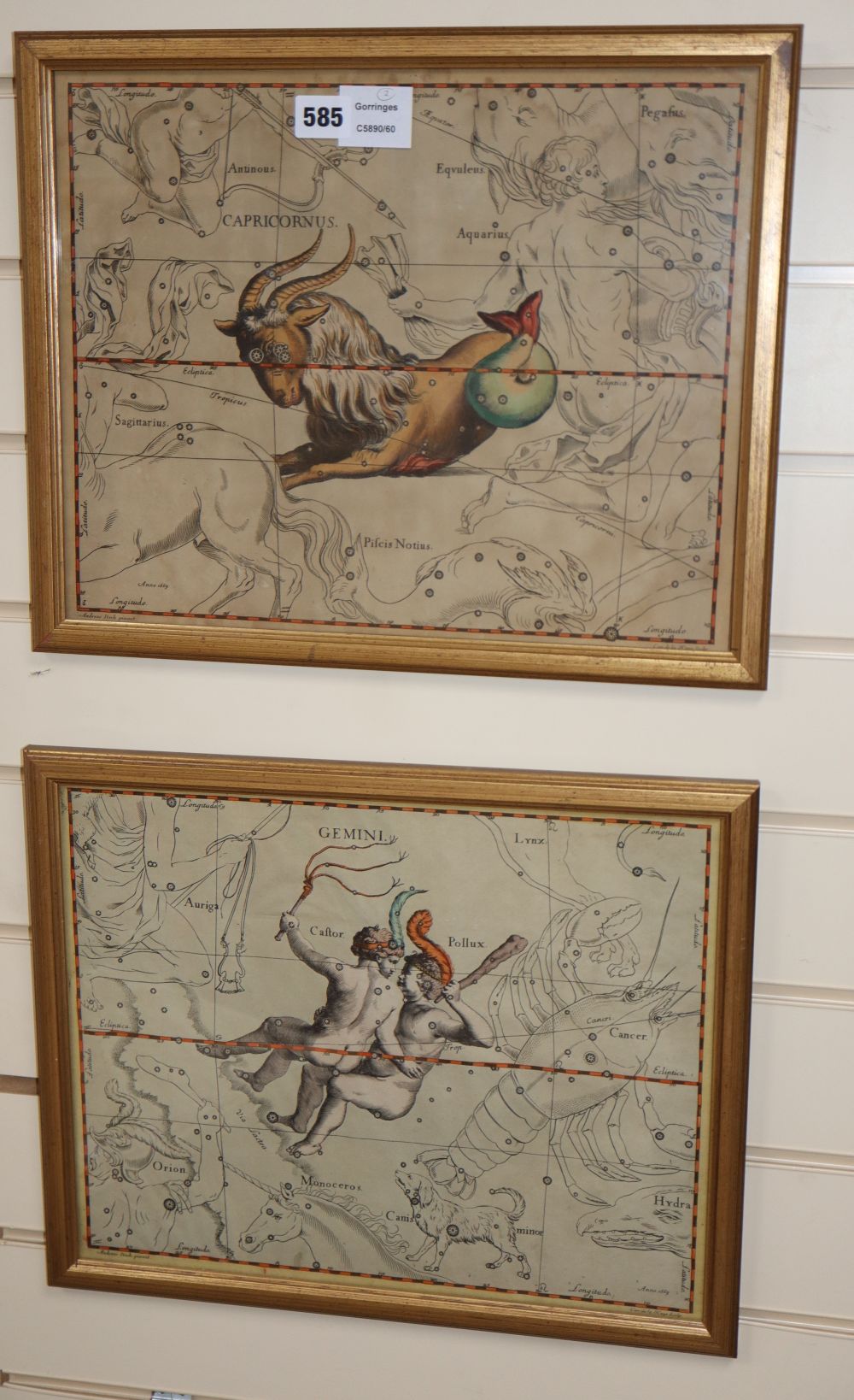 De La Hove after Andreas Stech (1635-1697), two coloured engravings, Gemini and Carpricornus, 30 x 38cm